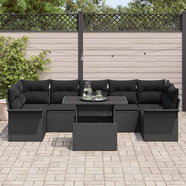 vidaXL Garten-Sofa-Set mit Kissen 8 pcs Schwarz Poly-Rattan