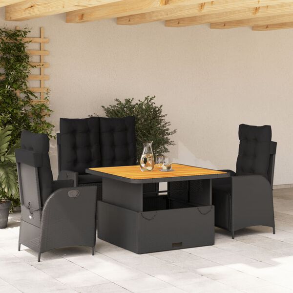 vidaXL 5-tlg. Garten-Essgruppe mit Kissen Schwarz Poly Rattan