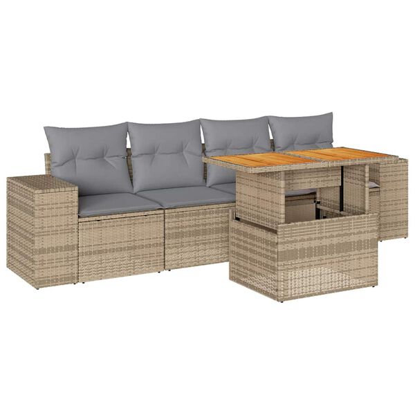 vidaXL 5-tlg. Garten-Sofagarnitur mit Kissen Beige Poly Rattan