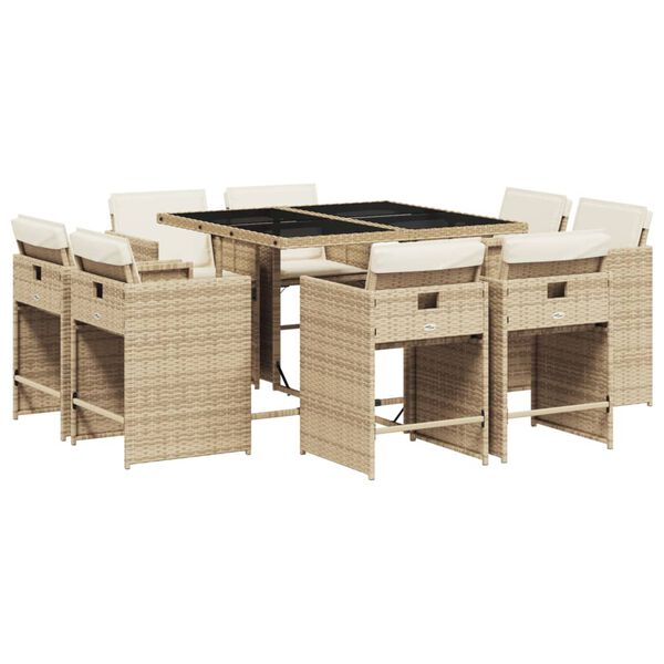 vidaXL 9-tlg. Garten-Essgruppe mit Kissen Beige Poly Rattan