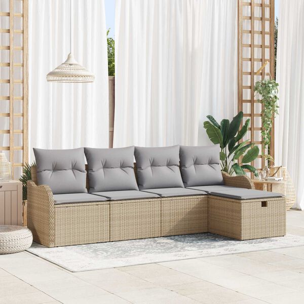 vidaXL Garten-Sofa-Set mit Kissen 5 pcs Beige und Hellgrau Poly Rattan