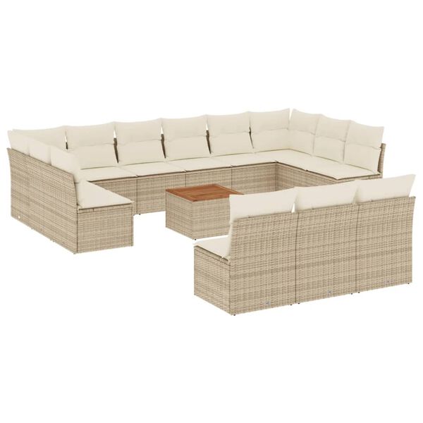 vidaXL 14-tlg. Garten-Sofagarnitur mit Kissen Beige Poly Rattan