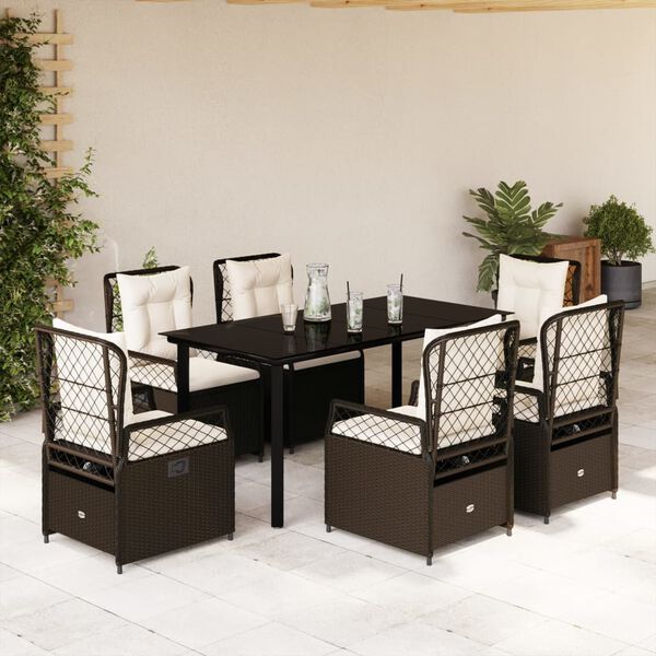vidaXL 7-tlg. Garten-Essgruppe mit Kissen Braun Poly Rattan