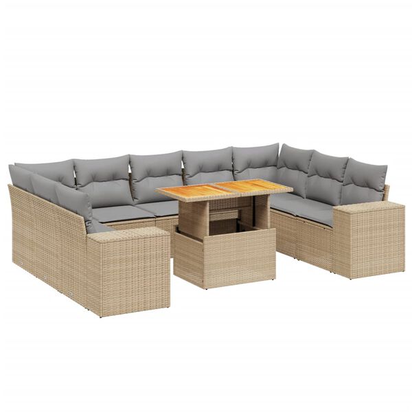 vidaXL 10-tlg. Garten-Sofagarnitur mit Kissen Beige Poly Rattan