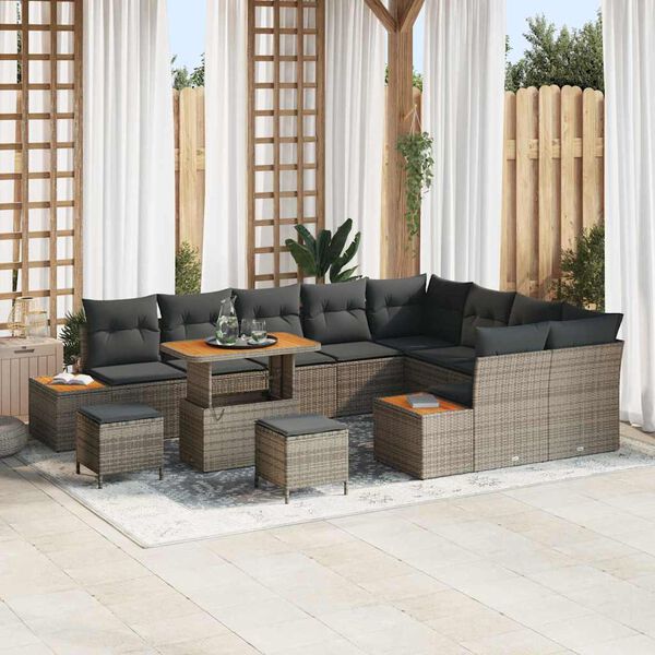 vidaXL Garten-Sofa-Set mit Kissen mit Speicher Grau Poly Rattan