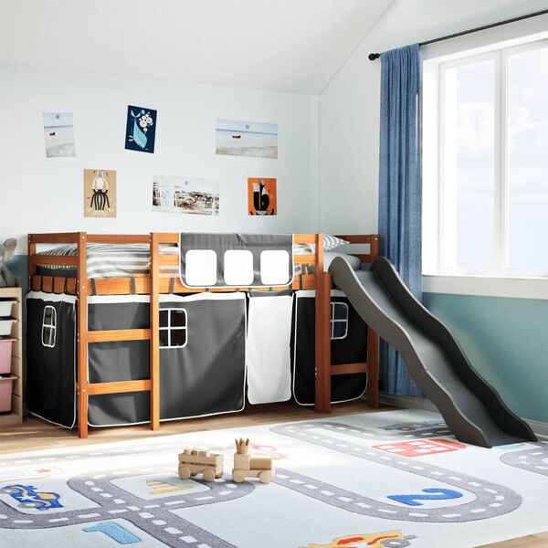 vidaXL Kinderhochbett mit Vorh&auml;ngen Wei&szlig; und Schwarz Massivholz Kiefer