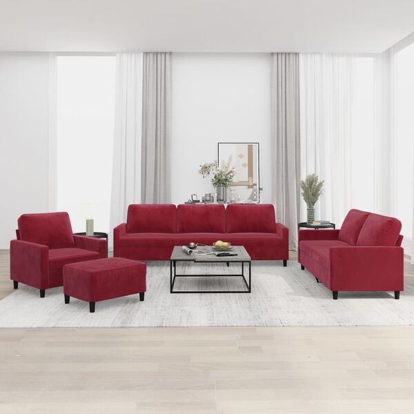 vidaXL 4-tlg. Sofagarnitur mit Kissen Weinrot Samt