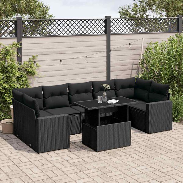 vidaXL 8-tlg. Garten-Sofagarnitur mit Kissen Schwarz Poly Rattan