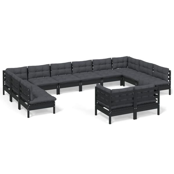 vidaXL 12-tlg. Garten-Lounge-Set mit Kissen Schwarz Kiefer Massivholz