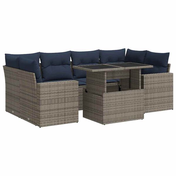 vidaXL 7-tlg. Garten-Sofagarnitur mit Kissen Grau Poly Rattan Akazie