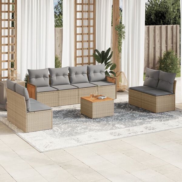 vidaXL 9-tlg. Garten-Sofagarnitur mit Kissen Beige Poly Rattan
