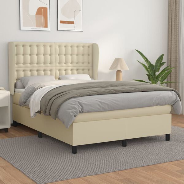 vidaXL Boxspringbett mit Matratze Creme 140x200 cm Kunstleder