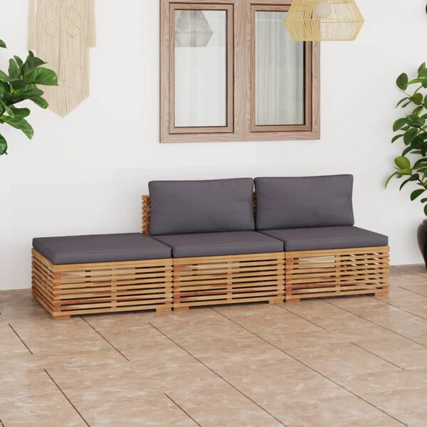 vidaXL 3-tlg. Garten-Lounge-Set mit Kissen Dunkelgrau Massivholz Teak