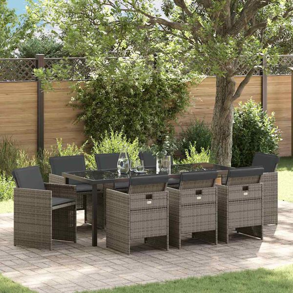 vidaXL Garten Essgruppe 9 pcs Grau Poly-Rattan