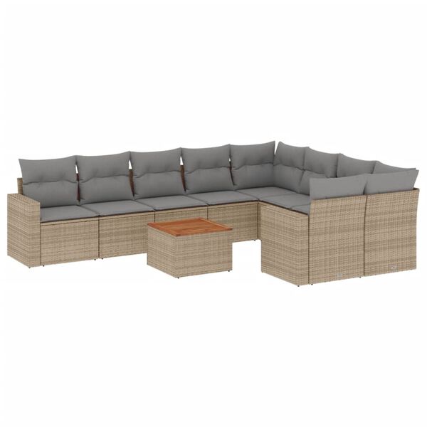 vidaXL 10-tlg. Garten-Sofagarnitur mit Kissen Beige Poly Rattan
