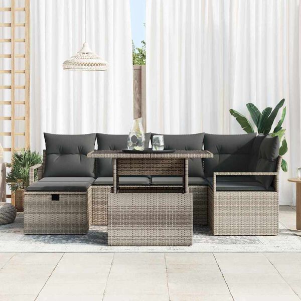 vidaXL Garten-Sofa-Set mit Kissen mit Speicher 7 pcs Grau Poly Rattan