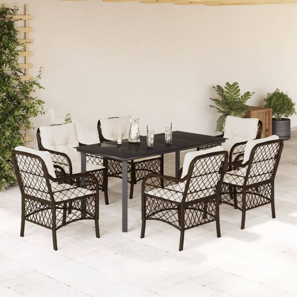 vidaXL 7-tlg. Garten-Essgruppe mit Kissen Braun Poly Rattan