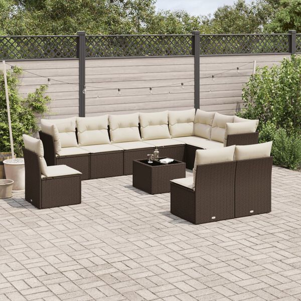 vidaXL 11-tlg. Garten-Sofagarnitur mit Kissen Braun Poly Rattan