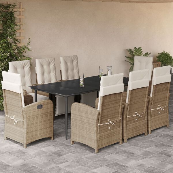 vidaXL 9-tlg. Garten-Essgruppe mit Kissen Beige Poly Rattan
