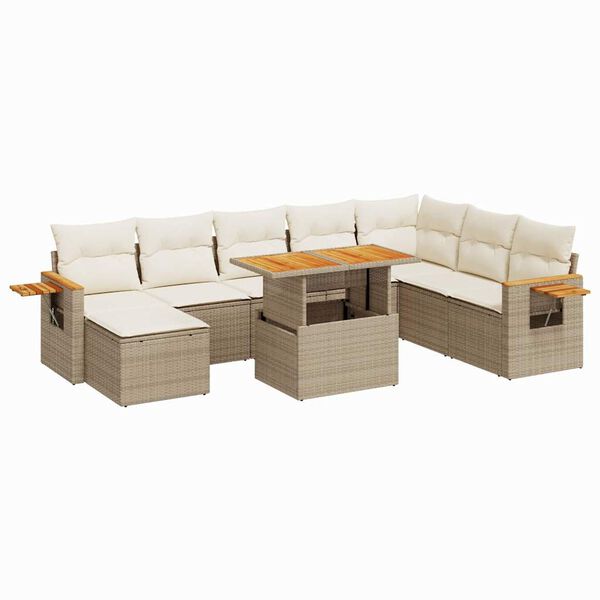 vidaXL 9-tlg. Garten-Sofagarnitur mit Kissen Beige Poly Rattan Akazie