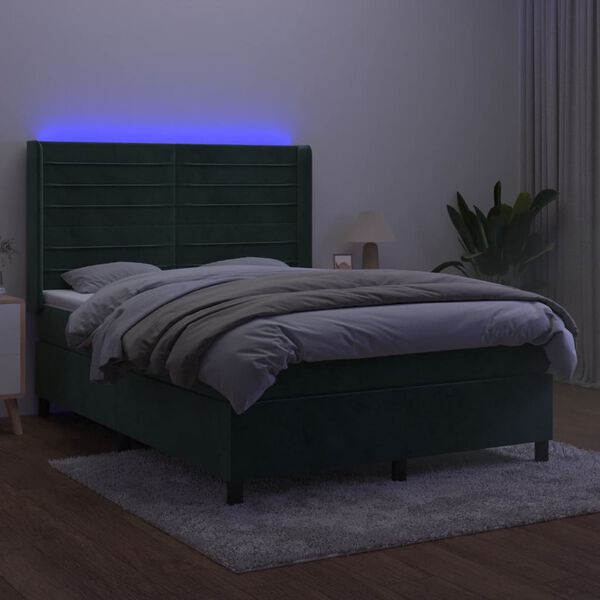vidaXL Boxspringbett mit Matratze & LED Dunkelgr&uuml;n 140x190 cm Samt