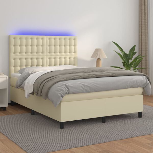 vidaXL Boxspringbett mit Matratze & LED Creme 140x200 cm Kunstleder