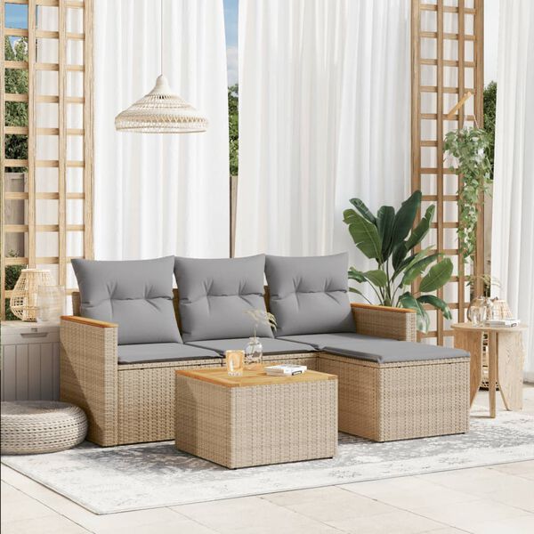 vidaXL 5-tlg. Garten-Sofagarnitur mit Kissen Beige Poly Rattan