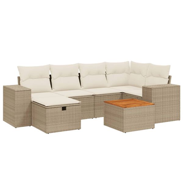 vidaXL 7-tlg. Garten-Sofagarnitur mit Kissen Beige Poly Rattan
