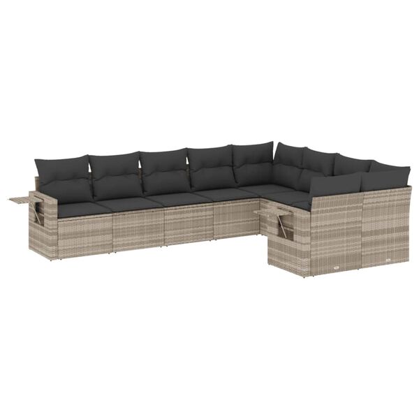 vidaXL 9-tlg. Garten-Sofagarnitur mit Kissen Hellgrau Poly Rattan