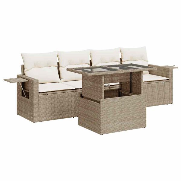 vidaXL 5-tlg. Garten-Sofagarnitur mit Kissen Beige Poly Rattan