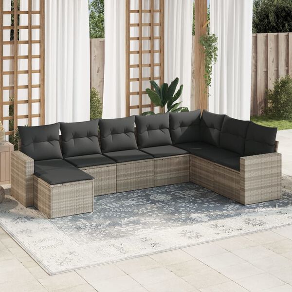 vidaXL 8-tlg. Garten-Sofagarnitur mit Kissen Hellgrau Poly Rattan