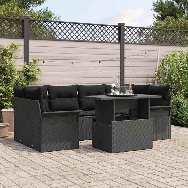 vidaXL Garten-Sofa-Set mit Kissen 7 pcs Schwarz Poly Rattan