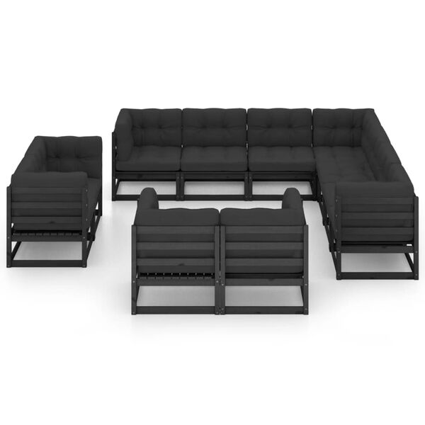 vidaXL 11-tlg. Garten-Lounge-Set mit Kissen Schwarz Kiefer Massivholz
