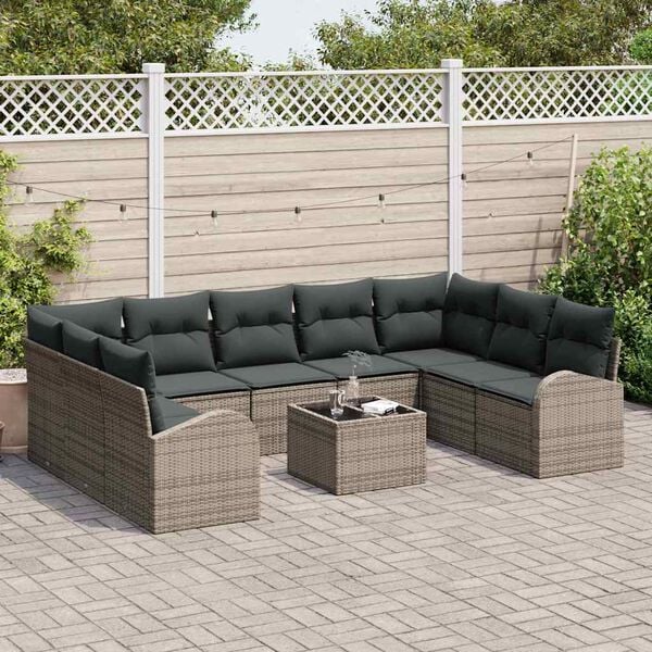 vidaXL Sofa Set mit Kissen mit Speicher 10 pcs Grau Poly-Rattan