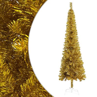 vidaXL Weihnachtsbaum Schlank mit LEDs & Kugeln Golden 210 cm