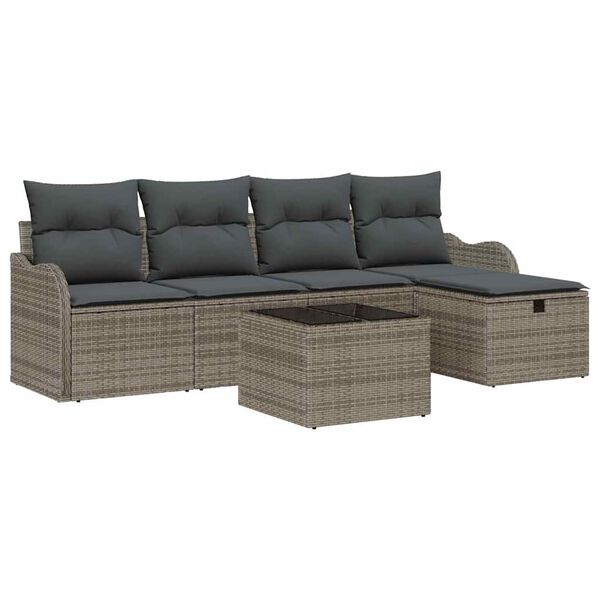 vidaXL Garten-Sofa-Set mit Kissen mit Speicher 6 pcs Grau Poly Rattan