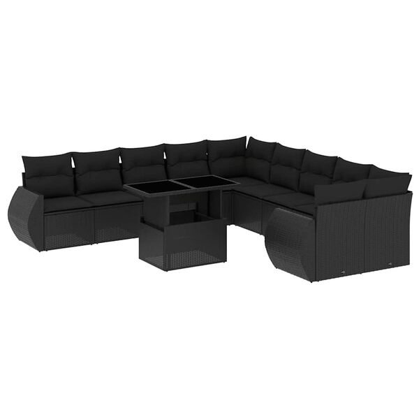 vidaXL 11-tlg. Garten-Sofagarnitur mit Kissen Schwarz Poly Rattan
