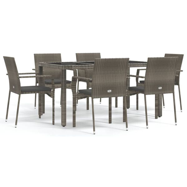 vidaXL 7-tlg. Garten-Essgruppe mit Kissen Grau Poly Rattan