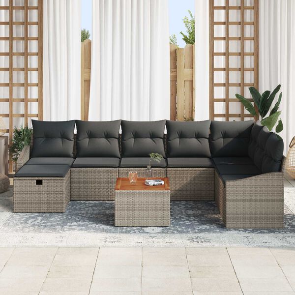 vidaXL Gartensofa-set mit Kissen mit Speicher 9 pcs Grau Poly Rattan