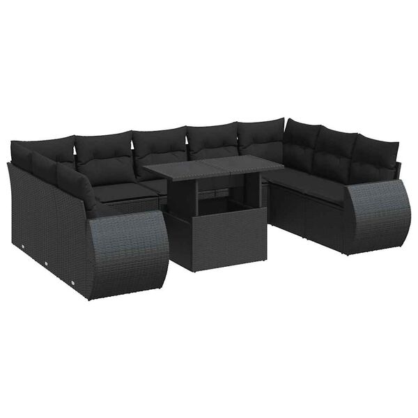 vidaXL 10-tlg. Garten-Sofagarnitur mit Kissen Schwarz Poly Rattan