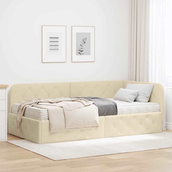 vidaXL Eckbettgestell mit Matratze Creme 90 x 190 cm Stoff