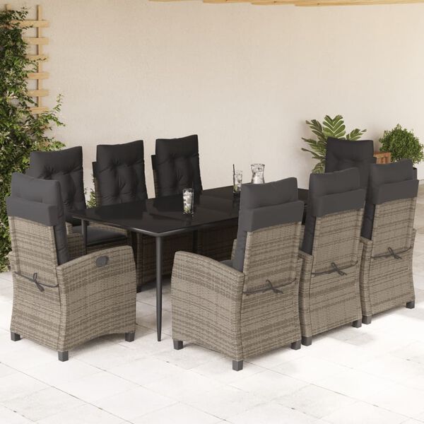 vidaXL 9-tlg. Garten-Essgruppe mit Kissen Grau Poly Rattan