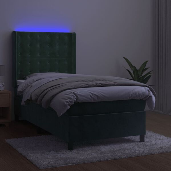 vidaXL Boxspringbett mit Matratze & LED Dunkelgr&uuml;n 100x200 cm Samt
