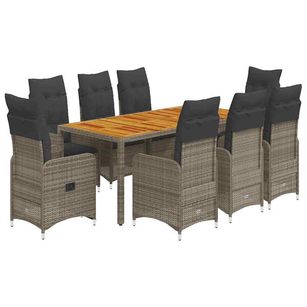 vidaXL 9-tlg. Garten-Bistro-Set mit Kissen Grau Poly Rattan