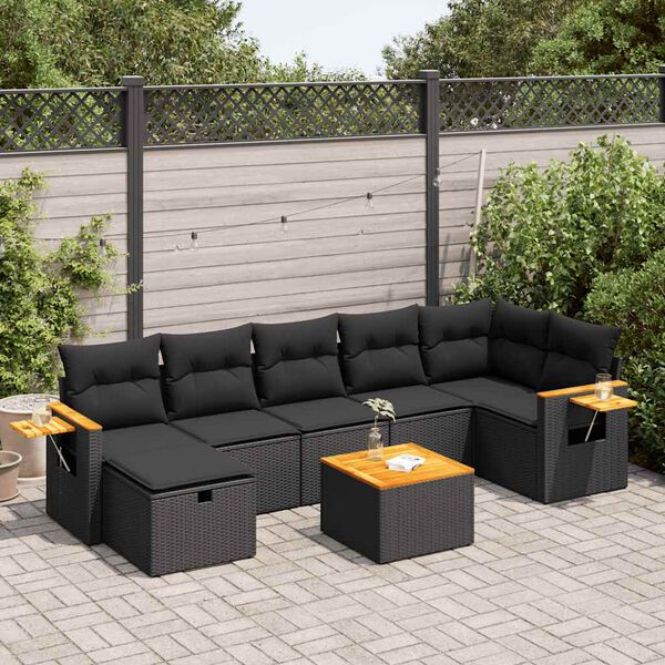 vidaXL 7-tlg. Garten-Sofagarnitur mit Kissen Schwarz Poly Rattan