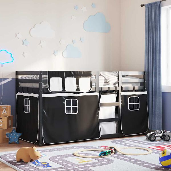 vidaXL Etagenbett mit Vorhängen Weiß & Schwarz 90x190 cm Kiefernholz