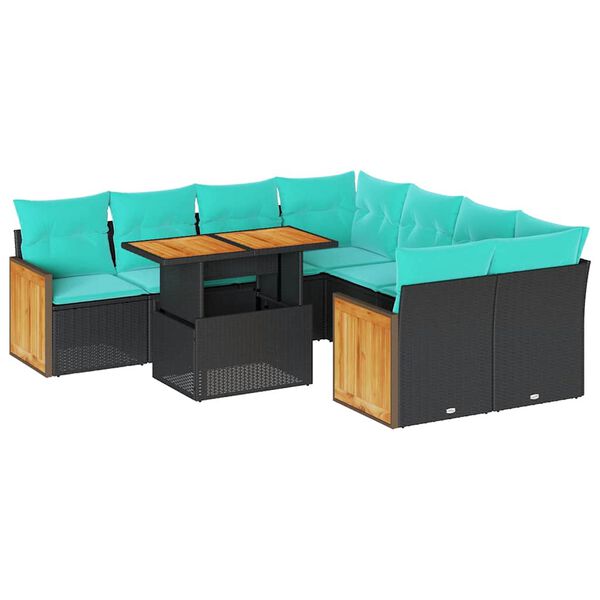 vidaXL 9-tlg. Garten-Sofagarnitur mit Kissen Schwarz Poly Rattan