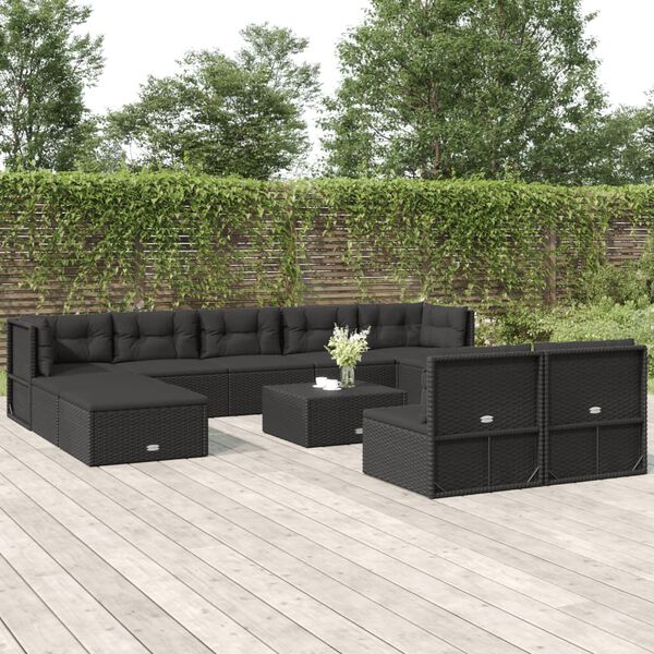vidaXL 10-tlg. Garten-Lounge-Set mit Kissen Schwarz Poly Rattan