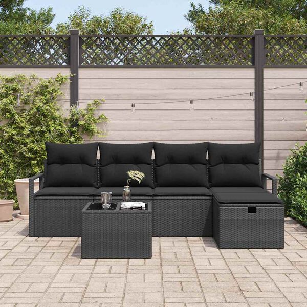 vidaXL Sofa Set mit Kissen mit Speicher 6 pcs Schwarz Poly-Rattan