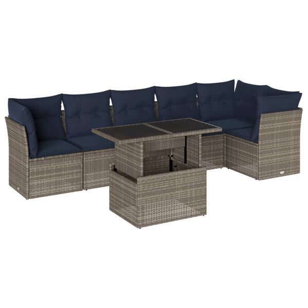 vidaXL 7-teiliges Gartensofa-Set mit Kissen, grau, Polyrattan